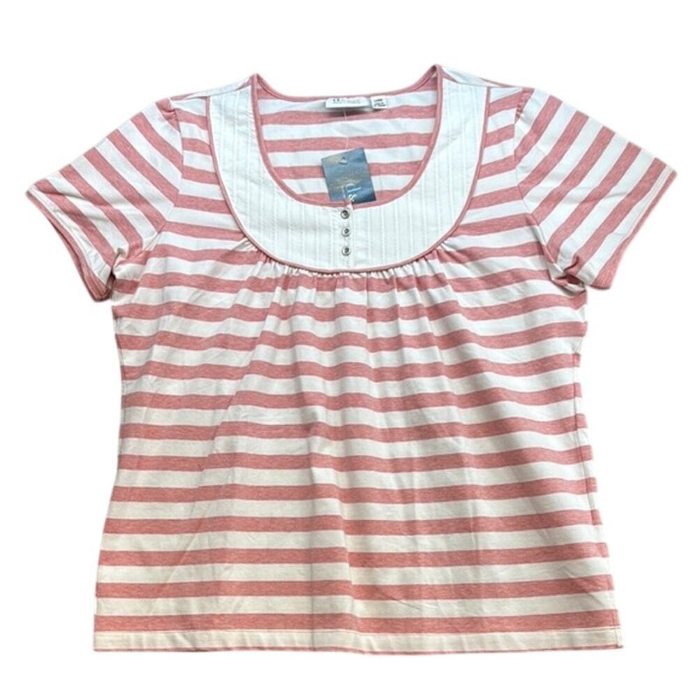 New Women's d &‎ co. Denim & Company Pink White Striped Short Sleeve Top Size L